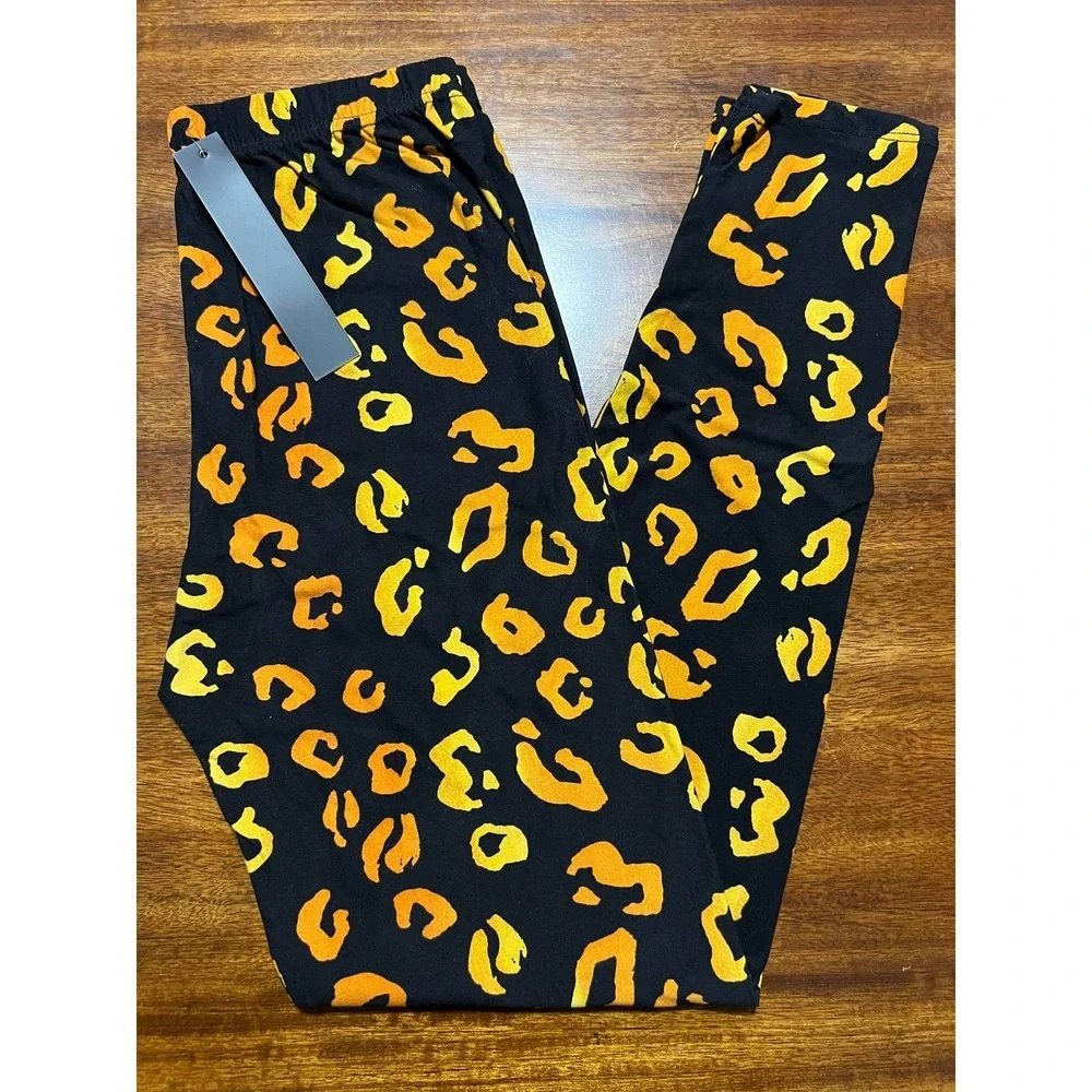 New Womens Cheetah Black Gold Peach Stretch Butter Soft Legging One Size 0-10 - Picture 1 of 1